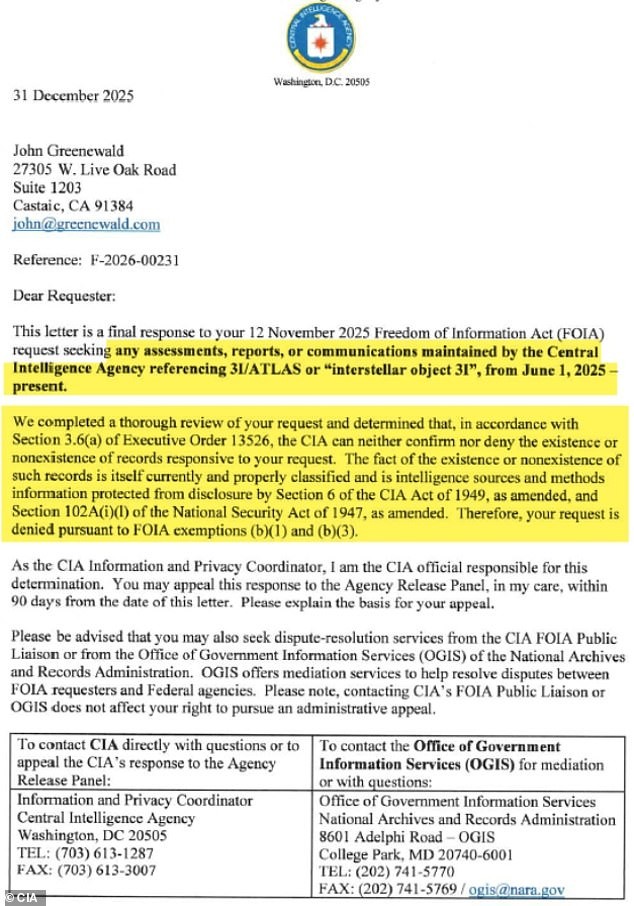 CIA faz revelação chocante sobre visitante interestelar que desestabiliza a narrativa da NASA sobre o 3I/ATLAS