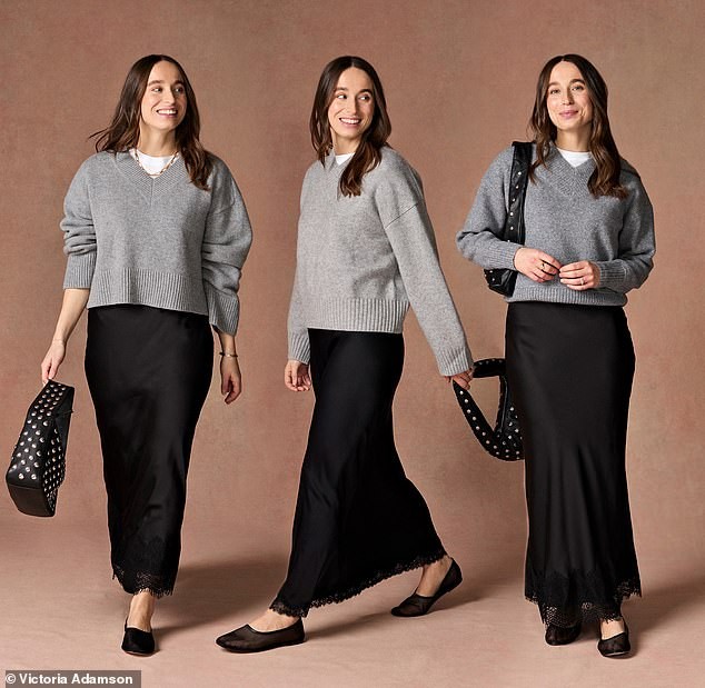 Outfit 1: Der erschwingliche Gesamtlook – Pullover 36 £, Rock 38 £, Tasche 28 £, Schuhe 22,99 £