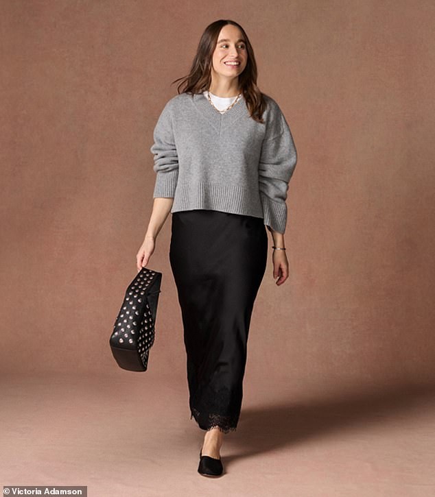 Look Three: The Luxe Showpiece — Jumper £590; Skirt £1,210; Bag £2,480; Shoes £370