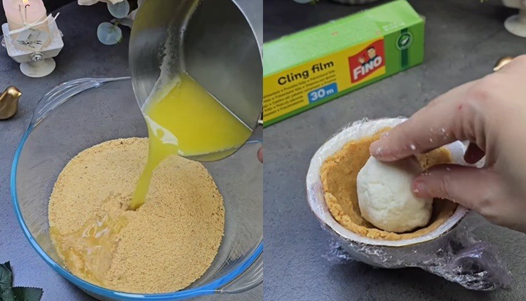 Подготовка на основниот слој со плазма кекс, растопен путер и млеко за магично сочна основа