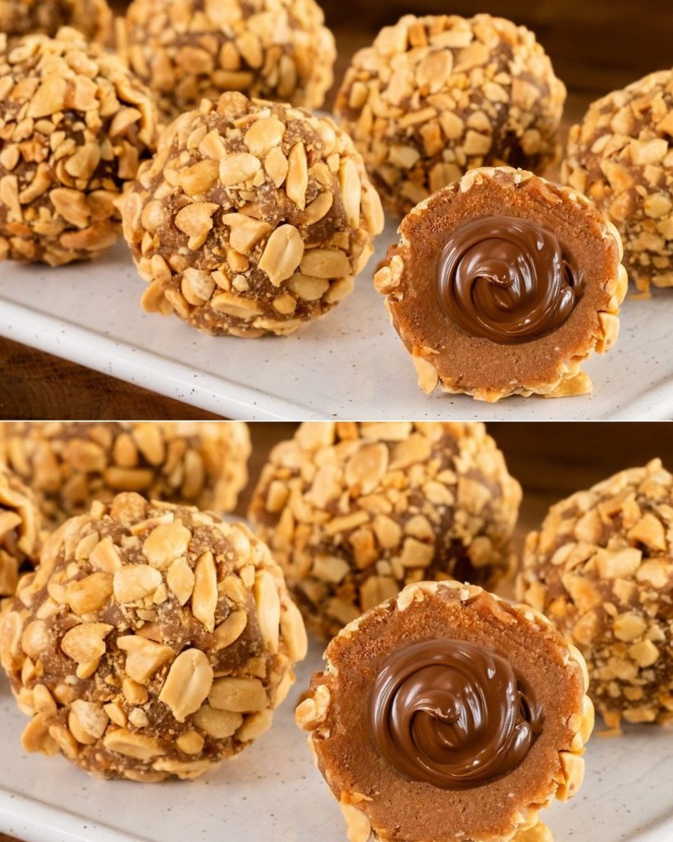 Постапка: Јадрото од нутела се подготвува и замрзнува, се спојуваат слоевите и се обложуваат со кикиритки