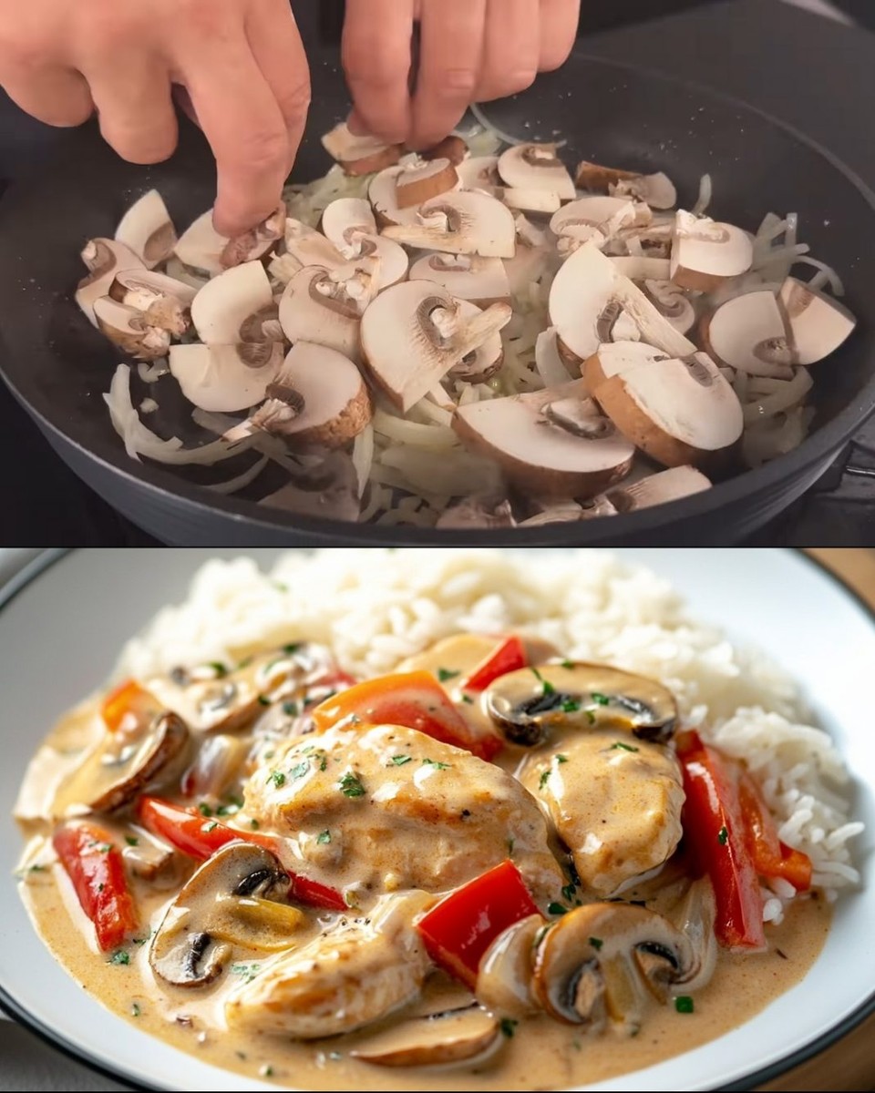 Сите состојки што ви се потребни за ова јадење со пилешко, кремаст сос, ориз и освежителна салата